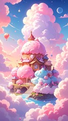 Whimsical candy house towers amidst fluffy clouds, fantasy land, light blue sky, pink hues, turquoise river, balloons float