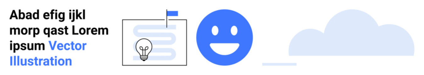 Fototapeta premium Technology, innovation, creative ideas, communication, positivity, simplicity. Blue happy face, text slide with light bulb and cloud graphic. Technology and innovation concept