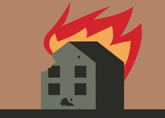 Devastating Fire Engulfing a Crumbling Residential Building Illustration