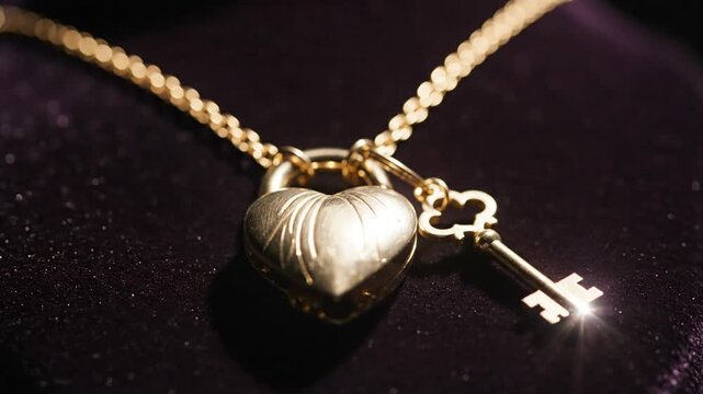 Golden heart-shaped locket necklace with a small key, symbol of love and commitment on a dark background