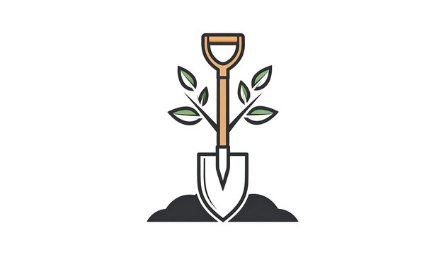 A minimalist graphic of a shovel planted in soil with a growing plant sprouting from it