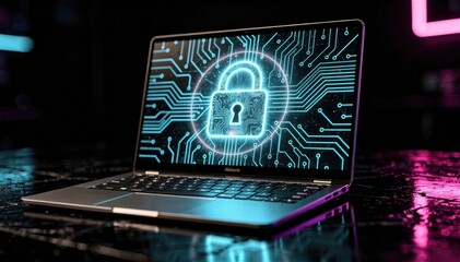 Digital padlock icon on laptop screen with circuit board pattern and neon lights