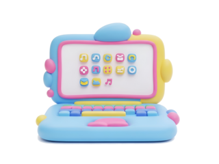 Stylized colorful toy laptop with app icons on a white background