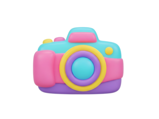 Colorful 3D cartoon rendering of a stylized camera against a white background