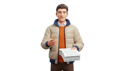 3D Animated Man Holding Stack of Papers