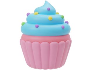 A brightly colored 3D rendering of a cupcake with blue frosting and pink wrapper
