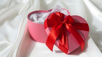 Opened pink heart-shaped gift box with a luxurious red satin ribbon bow and white tissue paper on a white silk background.