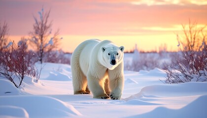 Polar bear walks in snow towards viewer during sunset