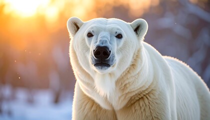 A white polar bear stares into camera against golden, out-of-focus background of snow and trees during sunset