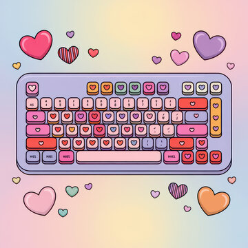 Cute computer keyboard filled with colorful pink red orange and pastel heart keys surrounded by floating hearts creating a cheerful romantic technology theme on a soft gradient background