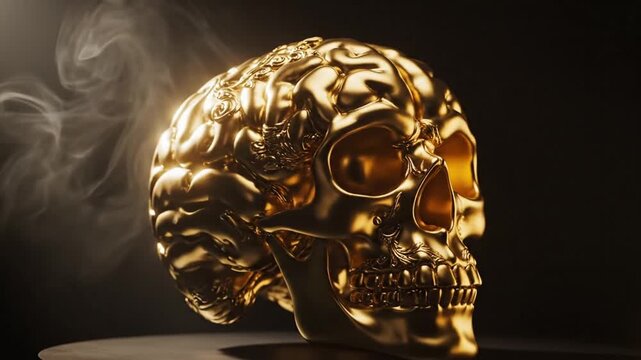 A radiant golden skull, intricately detailed with cerebral patterns, profoundly symbolizes enlightened mortality and the enduring legacy of human intellect, bathed in an ethereal glow