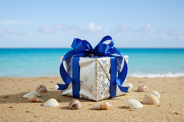 Wrapped birthday gift box with blue ribbon placed on sandy beach, seashells around it, blue ocean and sky behind