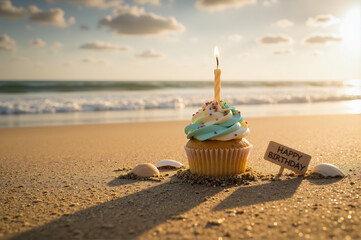 happy birthday cupcake on the beach, Cute cupcake with lit candle placed on beach sand, sunlight shining on it, ocean waves in background, warm cheerful birthday theme