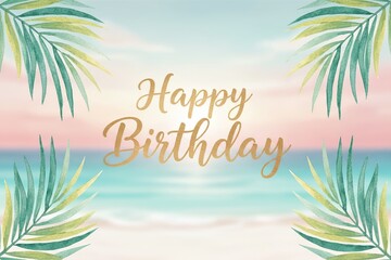 Fototapeta premium Happy Birthday text centered with watercolor-style palm leaves and beach background blurred behind, soft tropical color palette, elegant beach celebration vibe