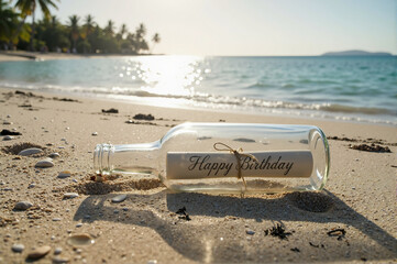 Glass bottle lying on sand with rolled Happy Birthday note inside, turquoise water behind, sunlit reflections, beach photo