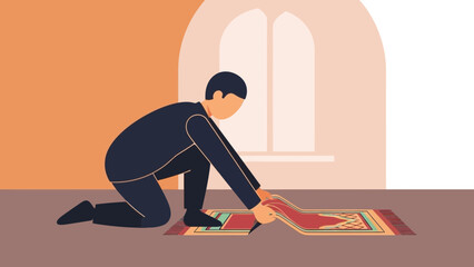A male corporate professional in dark attire kneeling and rolling up a prayer mat indoors near an arched window, concept for spiritual awareness, corporate wellness and cultural diversity campaigns
