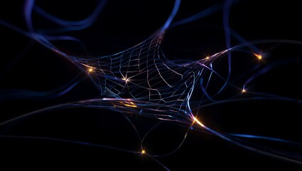Glowing neon web network with sparkling connections in dark space