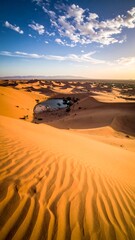 Rippled sand dunes lead to a pond amidst the vast, orange desert landscape under a partly cloudy blue sky
