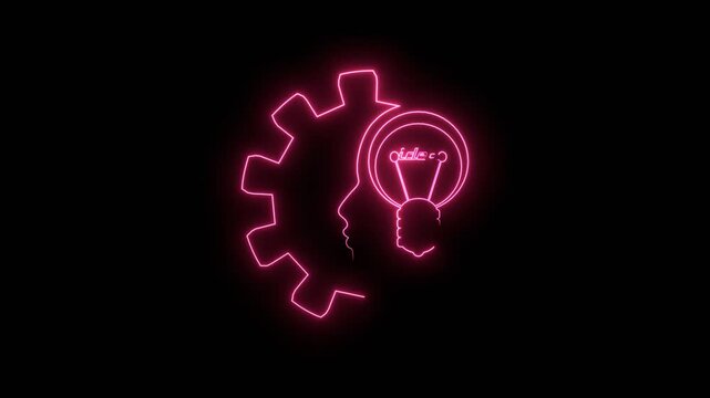 Lamp in the head of a person. Lamp head businessman. Brainwork, idea appearance. Switch on bulb icon with idea text. Neon glowing.