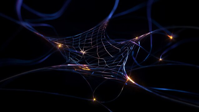 Glowing neon web network with sparkling connections in dark space - Powered by Adobe