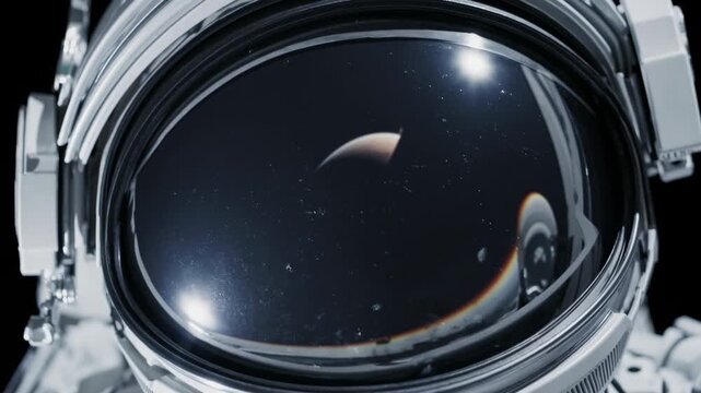 Close-up video shot of an astronaut helmet reflecting a distant planet. Captures a futuristic, space exploration theme with a dramatic angle.