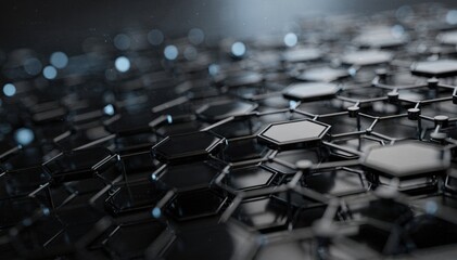 Obraz premium Abstract dark hexagonal network structure with glowing blue lights and bokeh effect