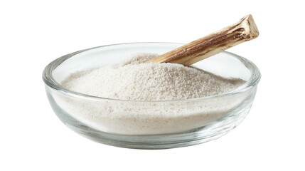 Shallow Glass Bowl Filled With Fine White Sand And Single Wishing Bone Resting On Top.