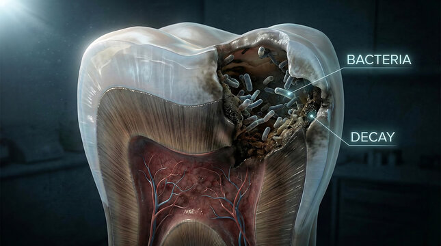 3D Medical Illustration of Advanced Tooth Decay and Bacterial Infection