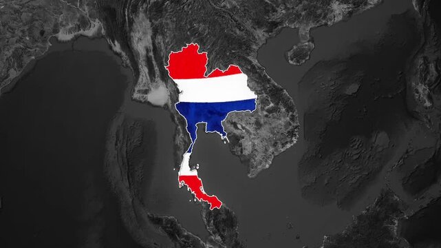 Thailand highlighted in color on a grayscale map animation