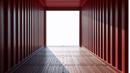Empty red shipping container with open door and sunlight