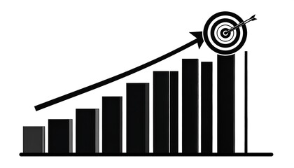 A black and white graphic depicting a bar graph with an upward trend and an arrow hitting a target