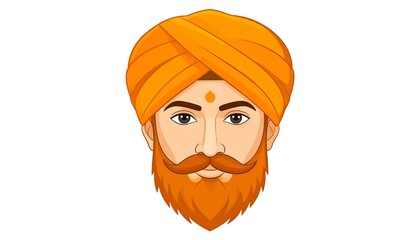 A cartoon illustration of a man's head with orange turban and beard