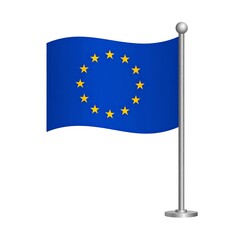 A blue flag with a circle of 12 yellow stars on a silver flagpole