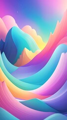 Colorful mountainscape with pastel hues, rolling hills, and a whimsical sky