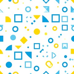 A colorful geometric pattern featuring various shapes on a white background