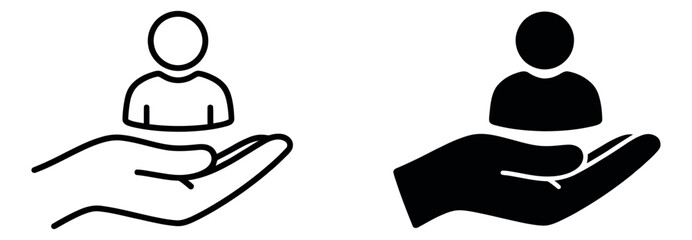 Modern icon set featuring a hand holding a person symbol for care and support concepts