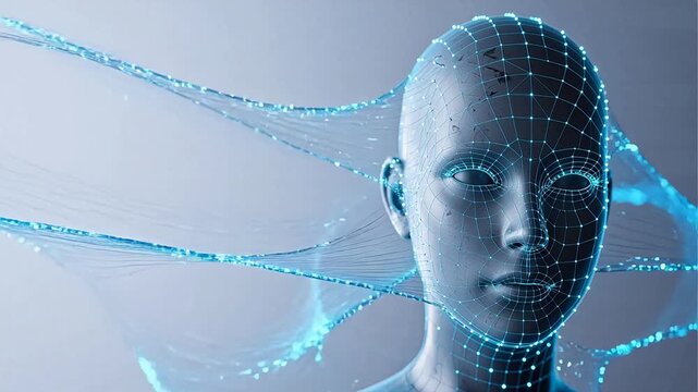 Digital wireframe human head with glowing lines