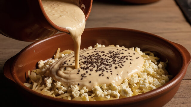 Sopa Paraguaya Batter Pouring Into Rustic Clay Dish In Authentic Kitchen