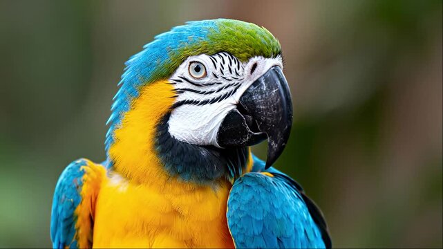 Blue and yellow macaw parrot close-up portrait, tropical wildlife bird in natural habitat
