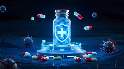 Medicine bottle with pills and virus models