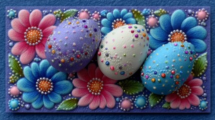 Vibrant speckled Easter eggs rest on a pastel flower pattern, creating a cheerful festive backdrop perfect for holiday cards, seasonal promotions, and spring invitations.