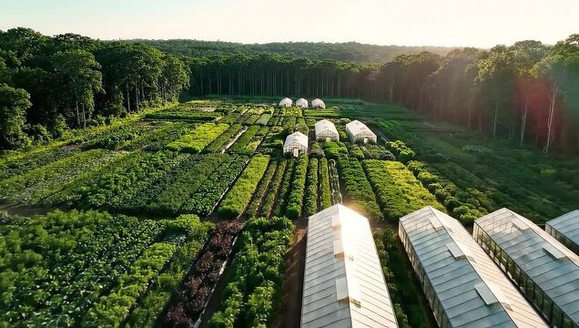 Aerial view of a large agricultural field with multiple greenhouses and rows of crops under a bright sky.
