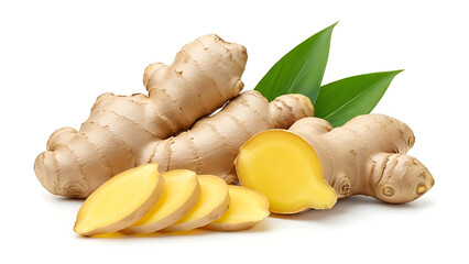 Fresh ginger root and slices with green leaves spice