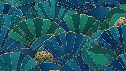 A vibrant, abstract art piece featuring a mix of blue, green, and gold geometric shapes and patterns.