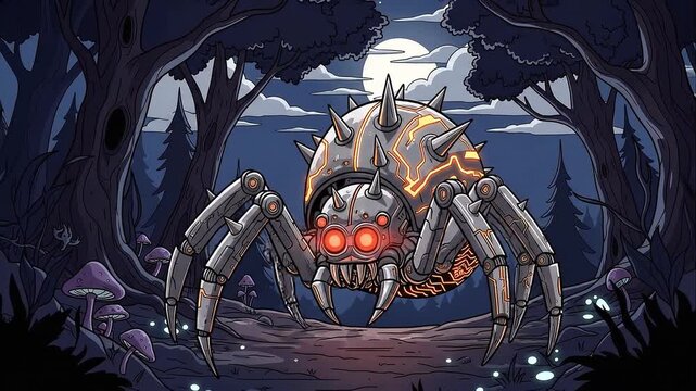 Mechanical Spider Boss Fight Pixel Art Night Forest