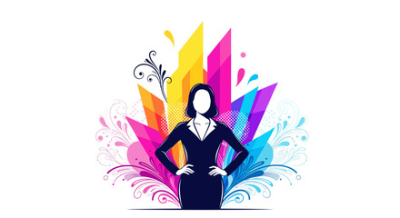 Obraz premium Creative business woman with vibrant colorful abstract background and hands on hips