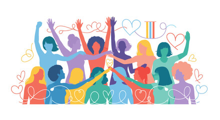 Fototapeta premium Colorful illustration of diverse women standing together, celebrating unity, empowerment, and sisterhood; a powerful symbol of support, equality, and community solidarity