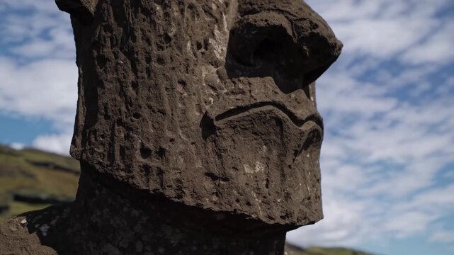 A captivating video still of Easter Island statues from a low angle, showcasing the ancient stone figures against a rugged, green landscape.
