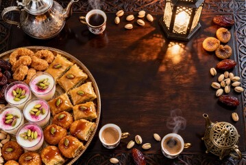 Ramadan celebration captured from a top-down view on a dark wooden table, showcasing a steaming teapot, fragrant pastries, sweet dates, crunchy nuts, and a glowing lantern