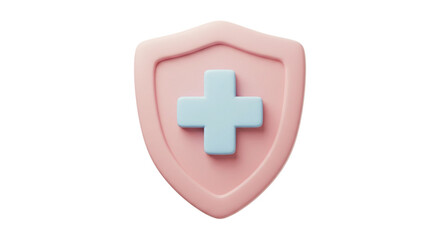 A pink shield with a blue cross on a black background representing medical protection and safety